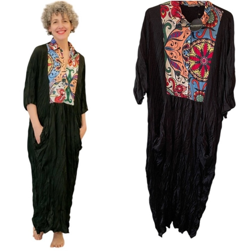 Alembika Size M (12-14) Paisley Bib Crinkle Maxi Dress Multicolor Wearable Art